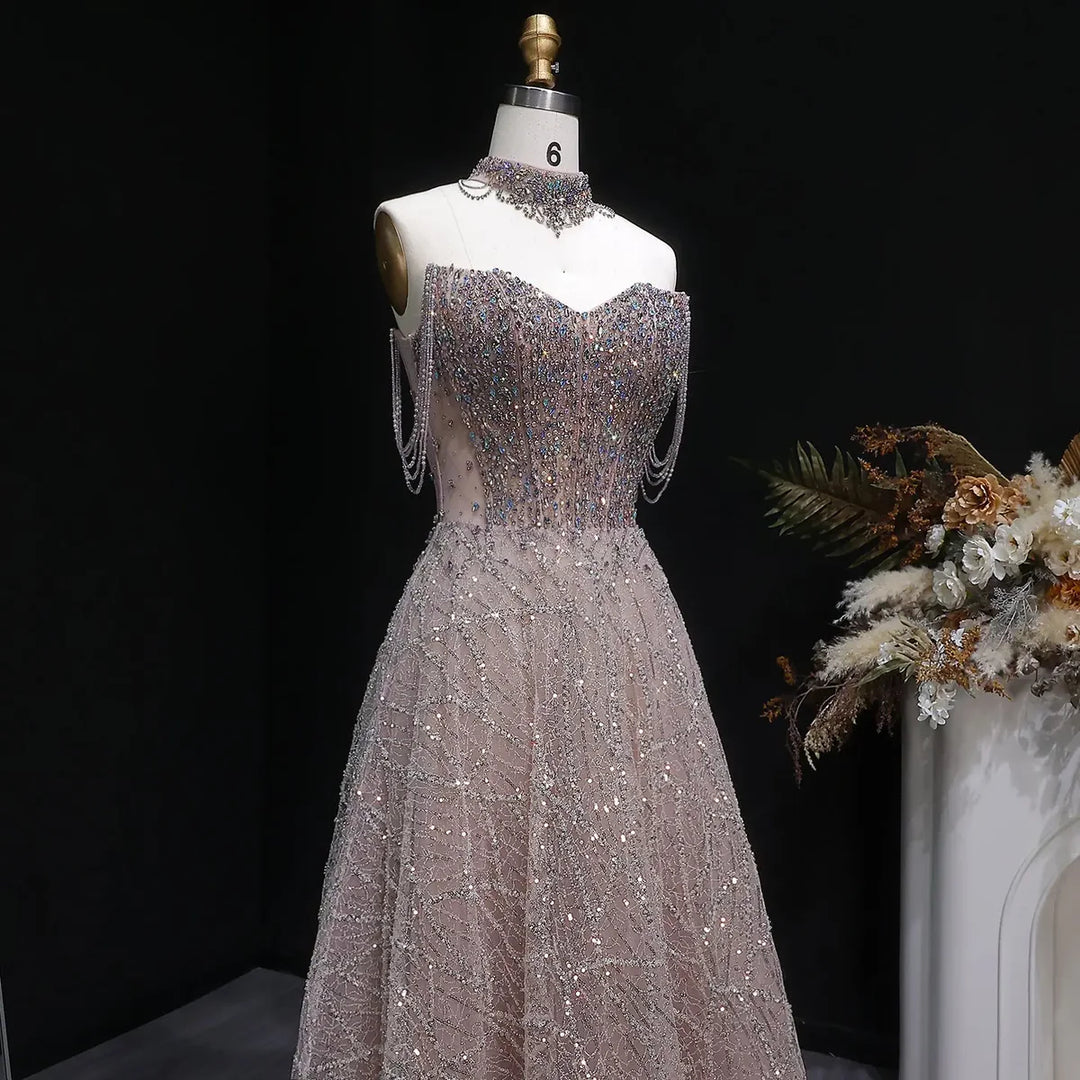 Luxury Pink Rhinestone Sequin Strapless Evening Gown SS744