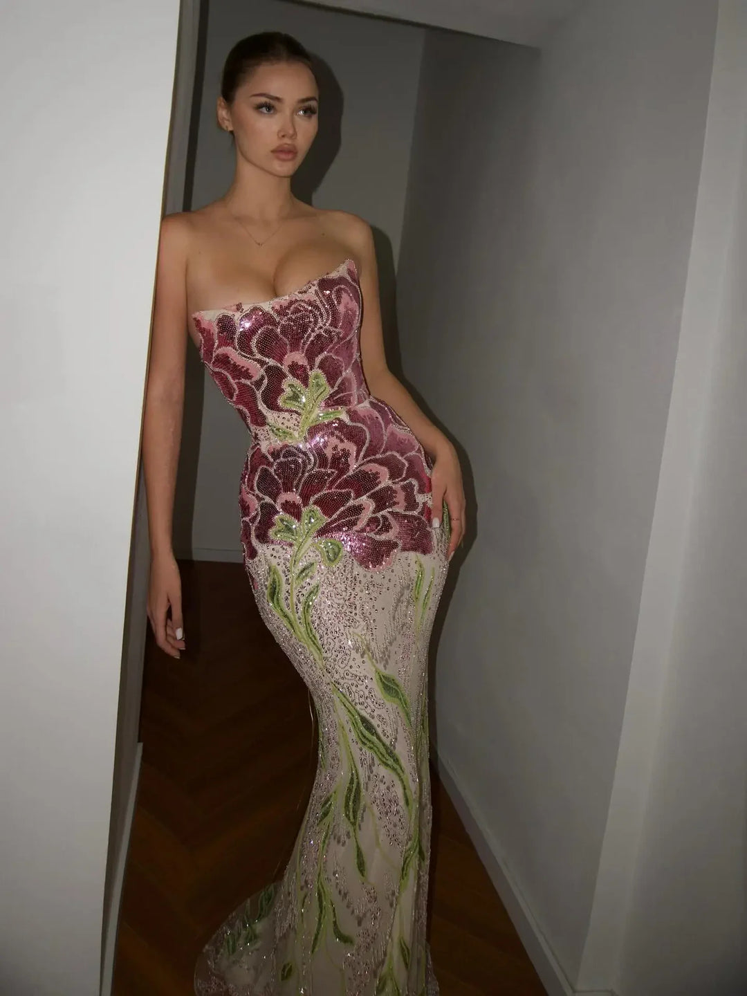 Elegant Purple Green Beaded Sequin Evening Dress with Cape SS511