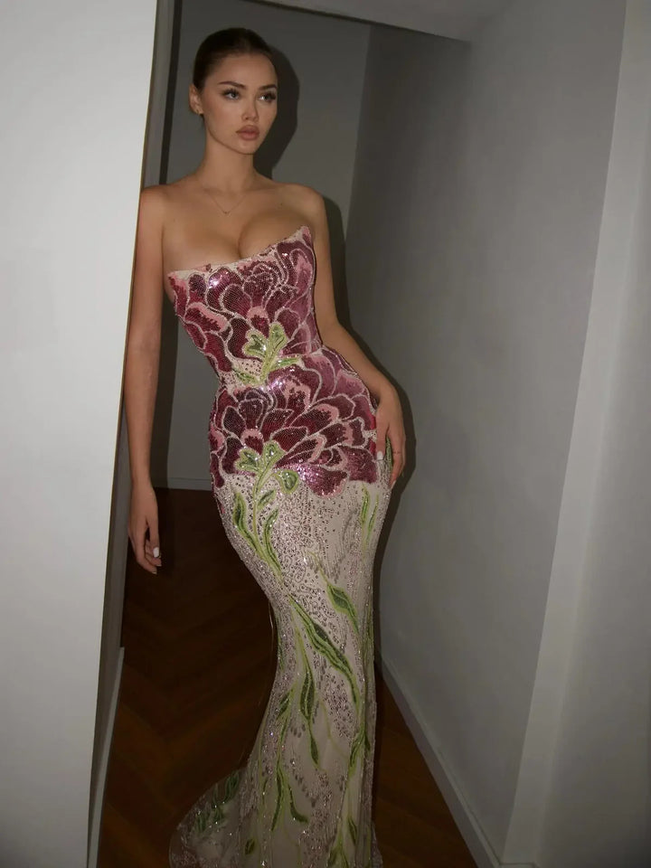 Elegant Purple Green Beaded Sequin Evening Dress with Cape SS511