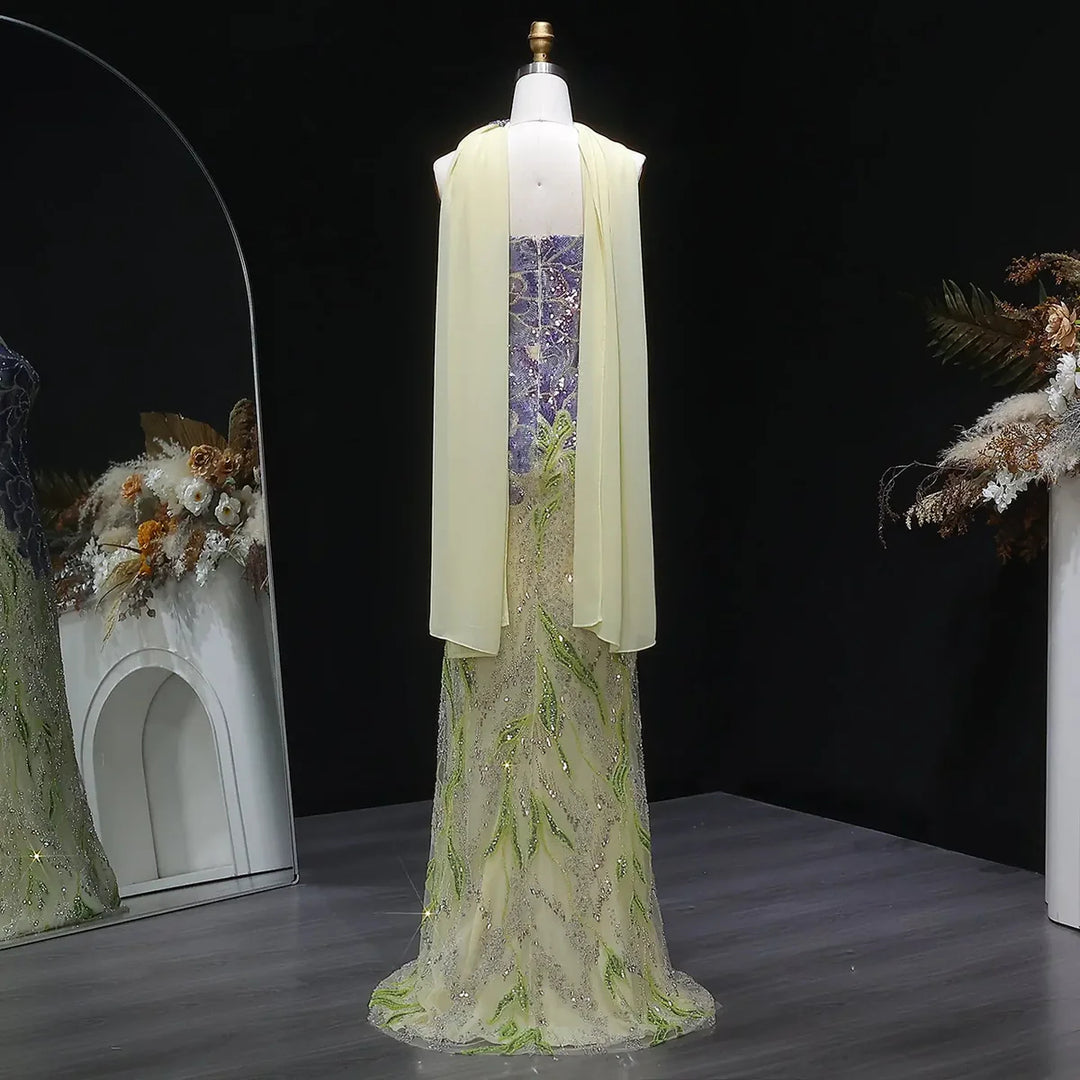 Elegant Purple Green Beaded Sequin Evening Dress with Cape SS511