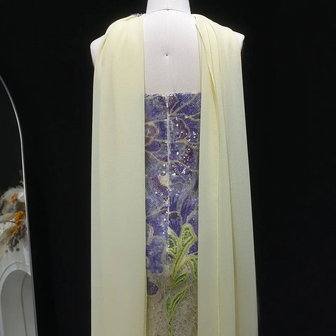 Elegant Purple Green Beaded Sequin Evening Dress with Cape SS511