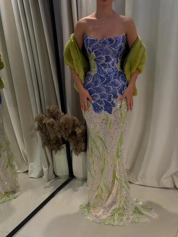 Elegant Purple Green Beaded Sequin Evening Dress with Cape SS511