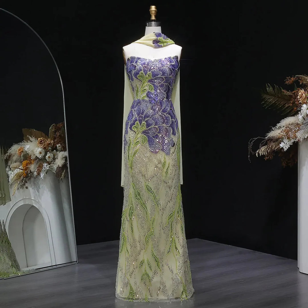 Elegant Purple Green Beaded Sequin Evening Dress with Cape SS511