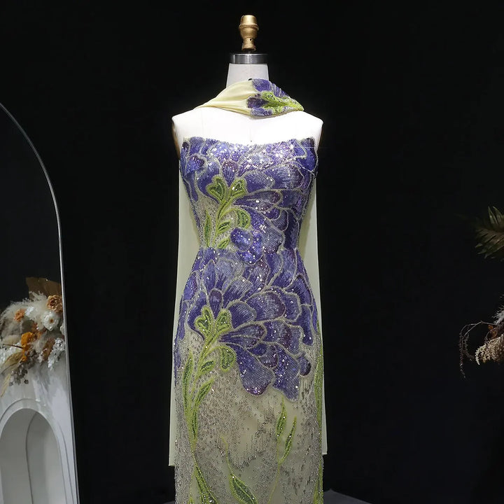 Elegant Purple Green Beaded Sequin Evening Dress with Cape SS511