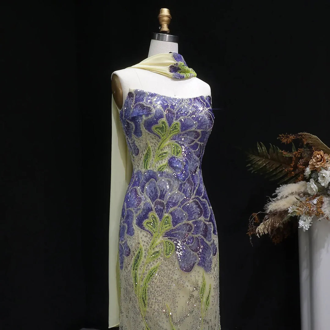 Elegant Purple Green Beaded Sequin Evening Dress with Cape SS511