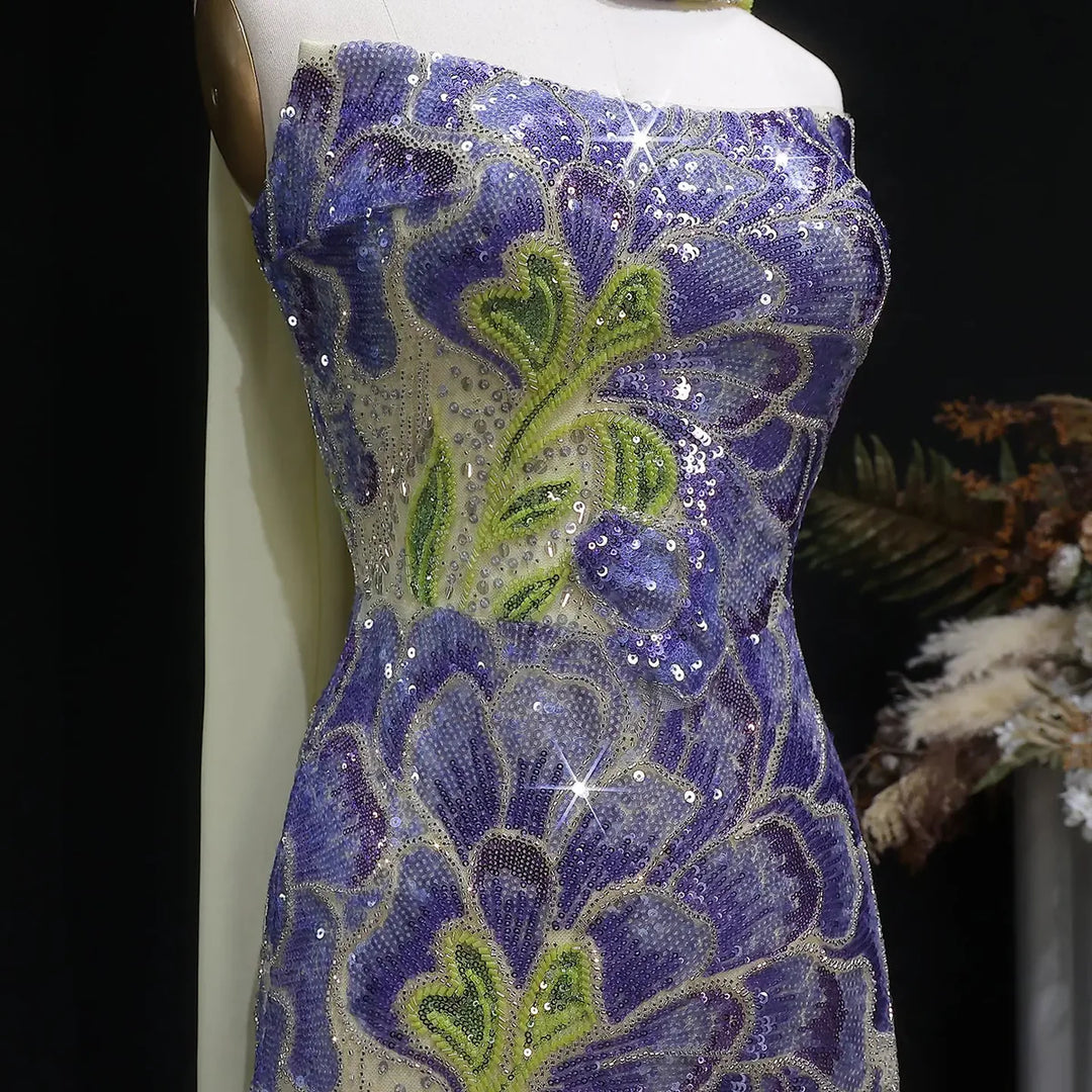 Elegant Purple Green Beaded Sequin Evening Dress with Cape SS511