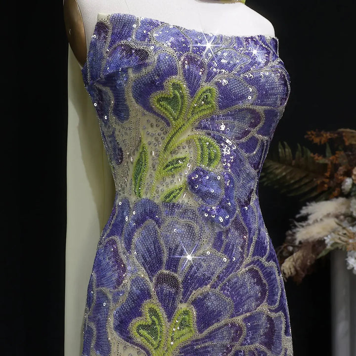 Elegant Purple Green Beaded Sequin Evening Dress with Cape SS511
