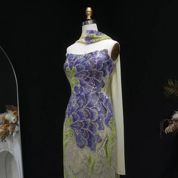 Elegant Purple Green Beaded Sequin Evening Dress with Cape SS511