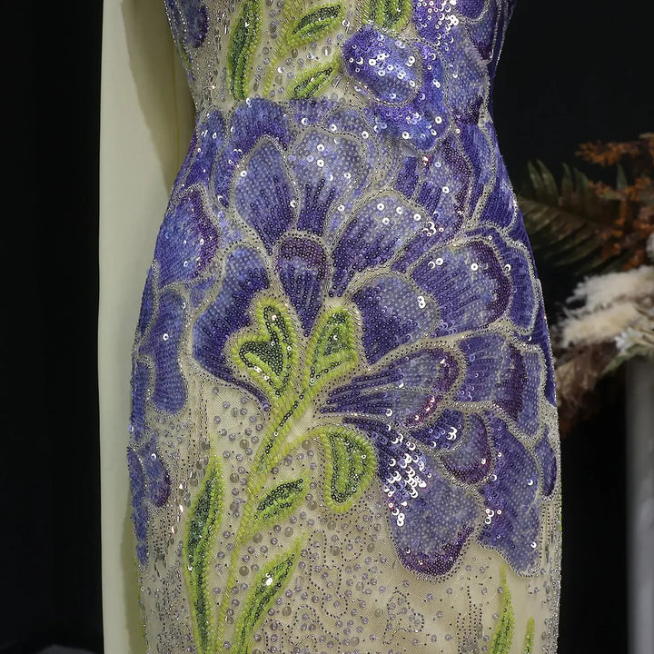 Elegant Purple Green Beaded Sequin Evening Dress with Cape SS511