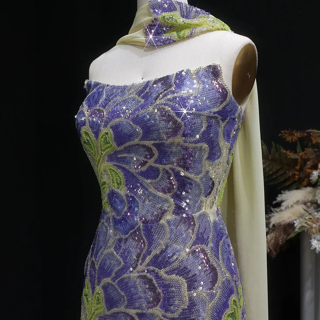 Elegant Purple Green Beaded Sequin Evening Dress with Cape SS511