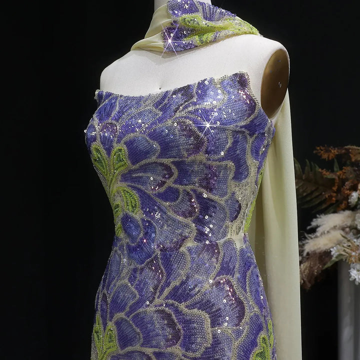 Elegant Purple Green Beaded Sequin Evening Dress with Cape SS511