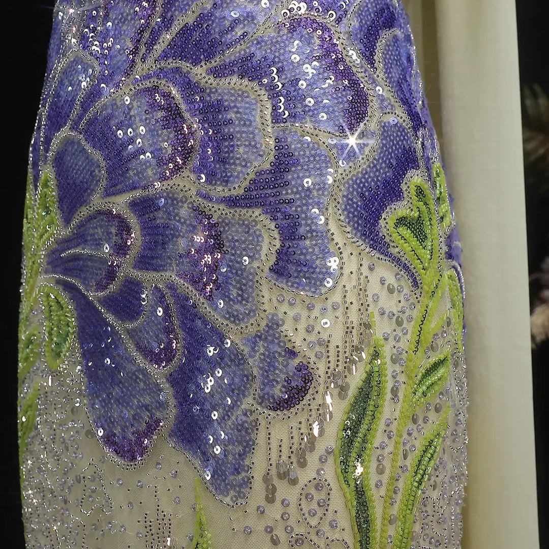 Elegant Purple Green Beaded Sequin Evening Dress with Cape SS511