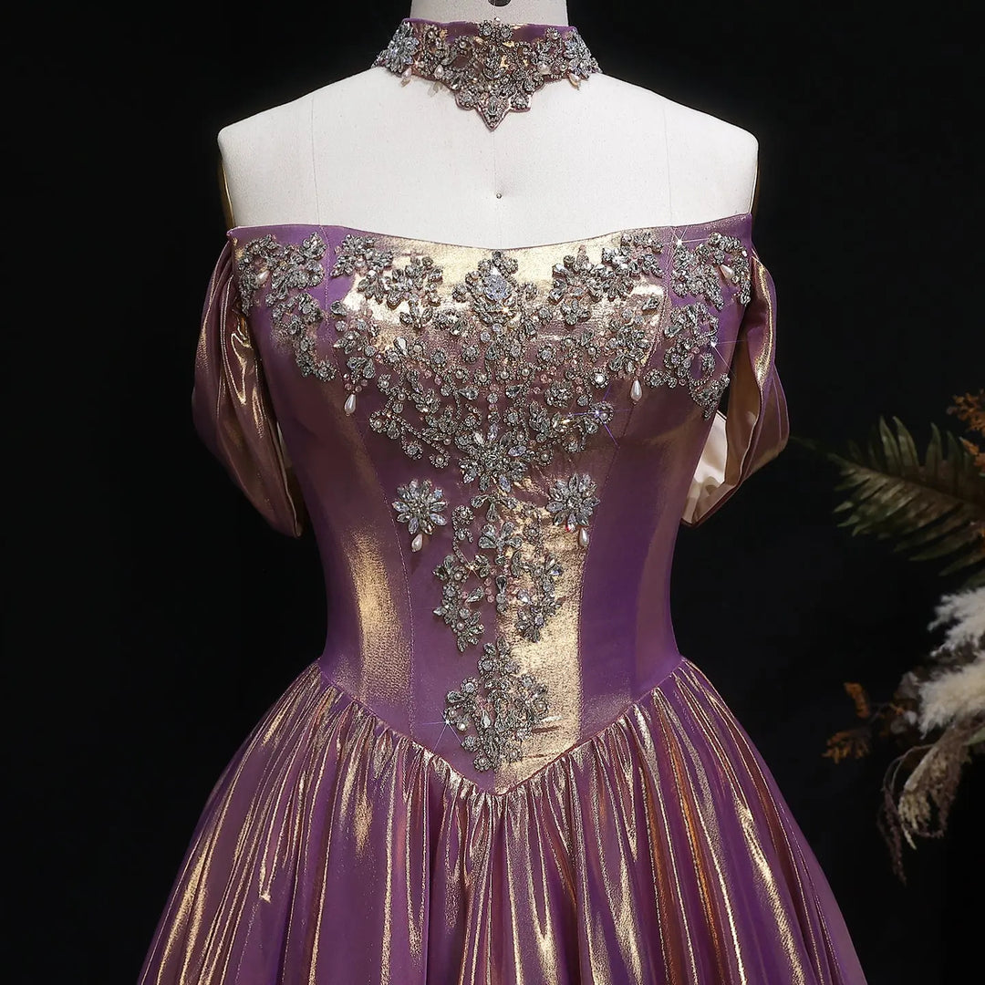 Luxury Rose Gold Gradient Satin Ball Gown Off Shoulder Evening Dress SS743