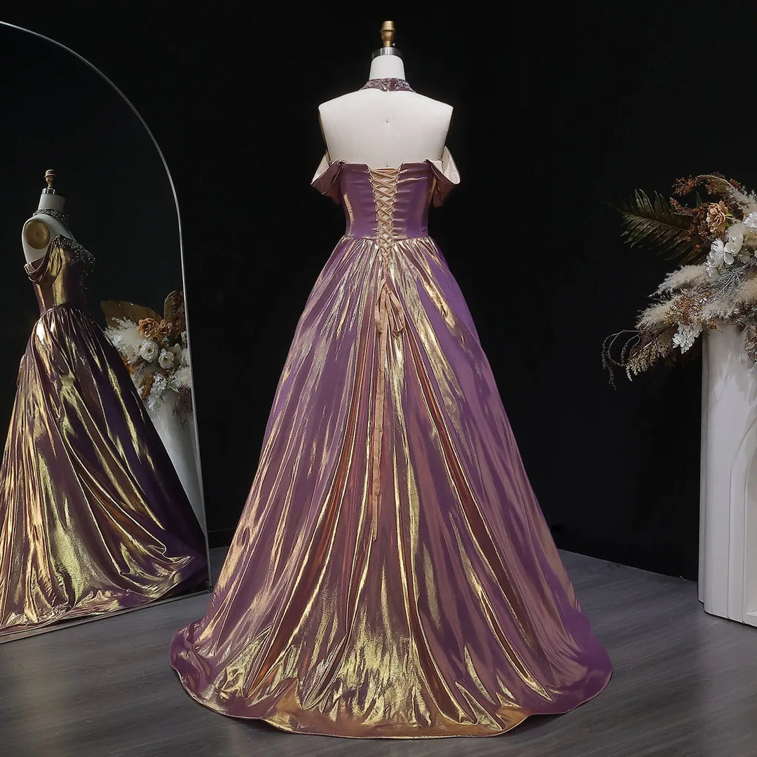 Luxury Rose Gold Gradient Satin Ball Gown Off Shoulder Evening Dress SS743