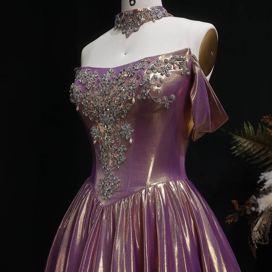 Luxury Rose Gold Gradient Satin Ball Gown Off Shoulder Evening Dress SS743