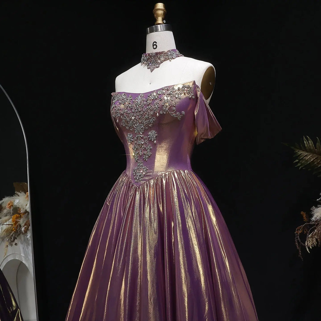 Luxury Rose Gold Gradient Satin Ball Gown Off Shoulder Evening Dress SS743