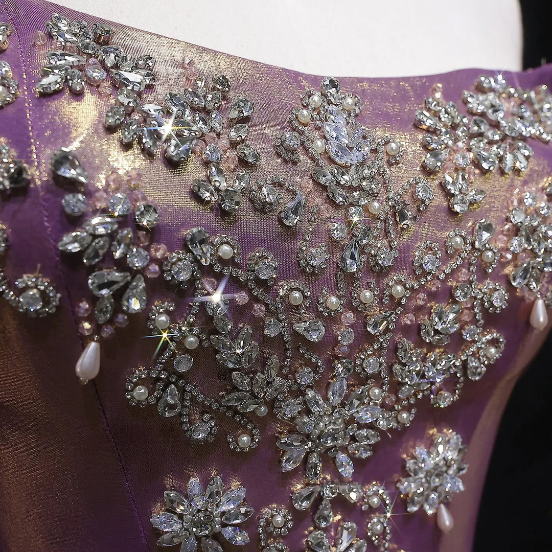 Luxury Rose Gold Gradient Satin Ball Gown Off Shoulder Evening Dress SS743