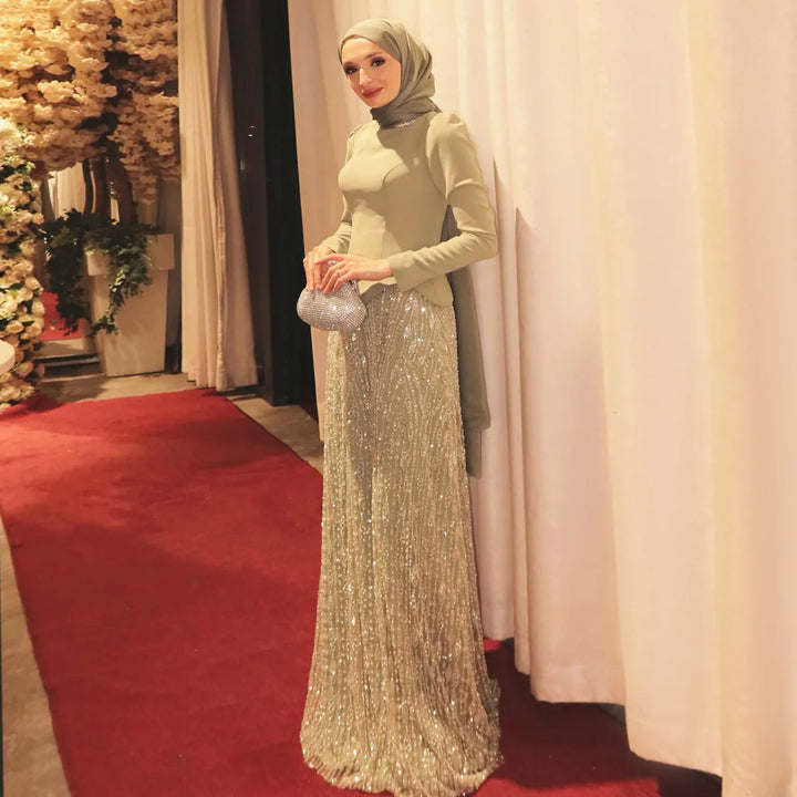 Luxury Sage Green Modest Hijab-Style beaded Evening Dress SS613