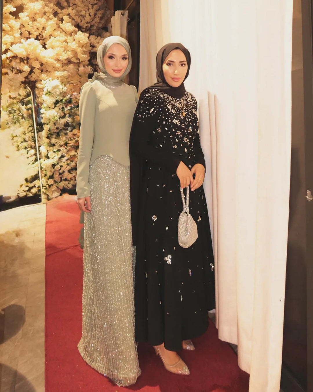 Luxury Sage Green Modest Hijab-Style beaded Evening Dress SS613