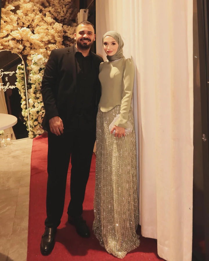 Luxury Sage Green Modest Hijab-Style beaded Evening Dress SS613