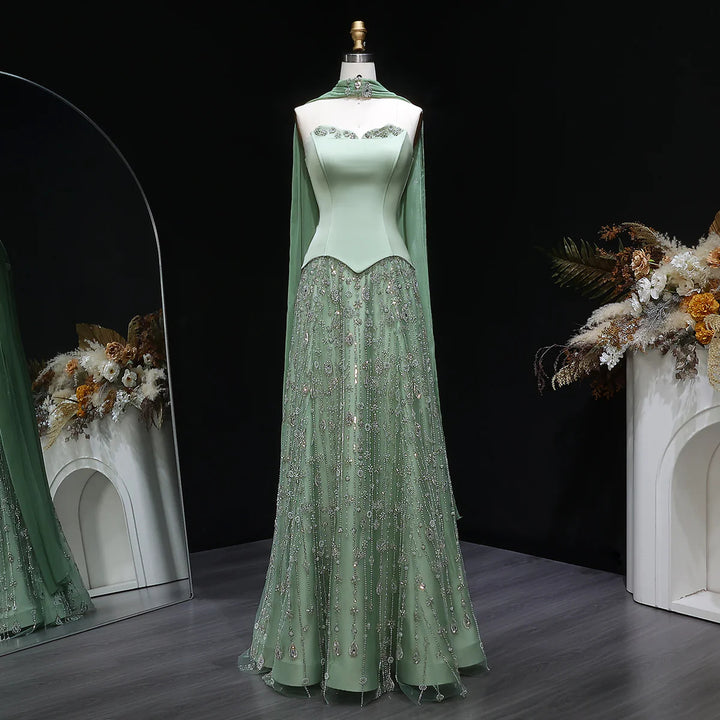 Luxury Sage Green Strapless Beaded Evening Gown with Scarf SS627
