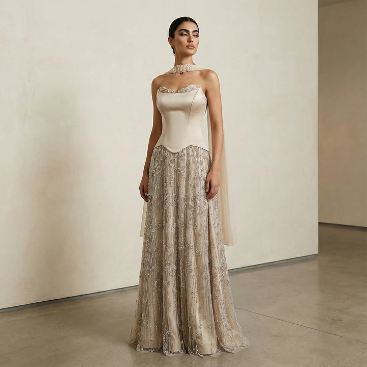 Luxury Sage Green Strapless Beaded Evening Gown with Scarf SS627