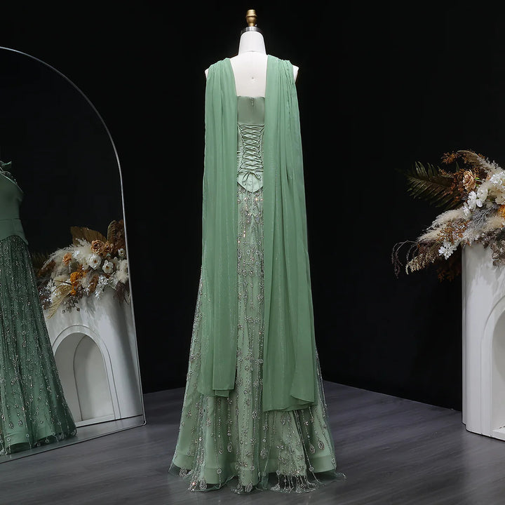 Luxury Sage Green Strapless Beaded Evening Gown with Scarf SS627
