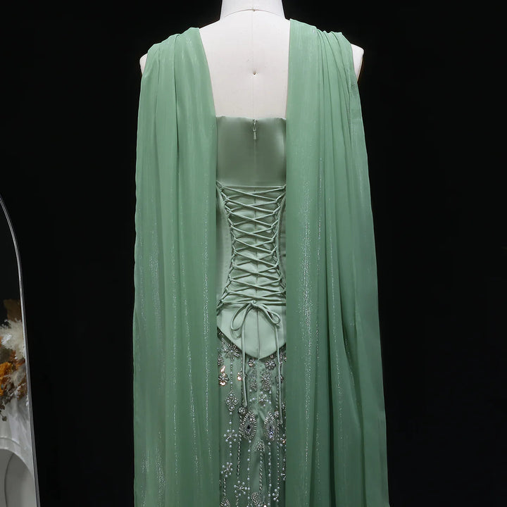 Luxury Sage Green Strapless Beaded Evening Gown with Scarf SS627