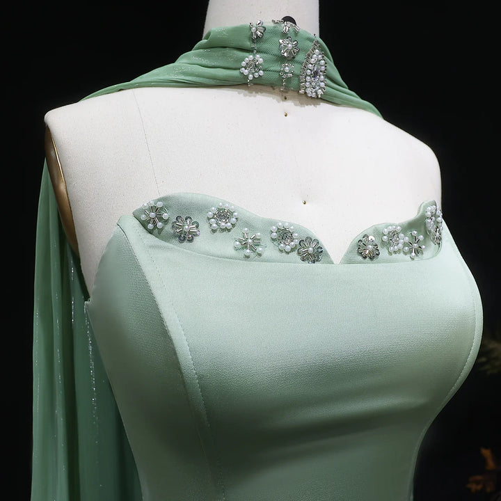 Luxury Sage Green Strapless Beaded Evening Gown with Scarf SS627