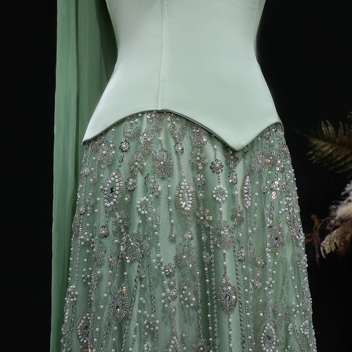 Luxury Sage Green Strapless Beaded Evening Gown with Scarf SS627