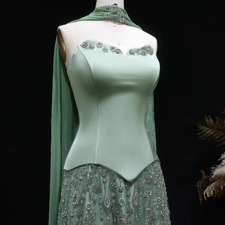 Luxury Sage Green Strapless Beaded Evening Gown with Scarf SS627