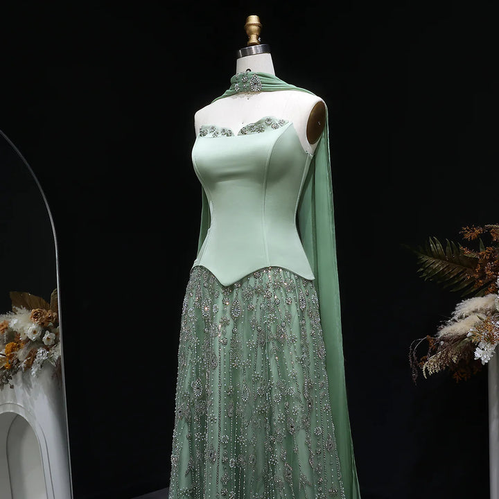 Luxury Sage Green Strapless Beaded Evening Gown with Scarf SS627