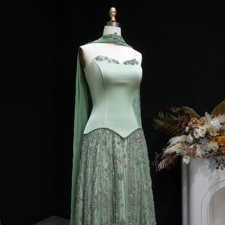 Luxury Sage Green Strapless Beaded Evening Gown with Scarf SS627