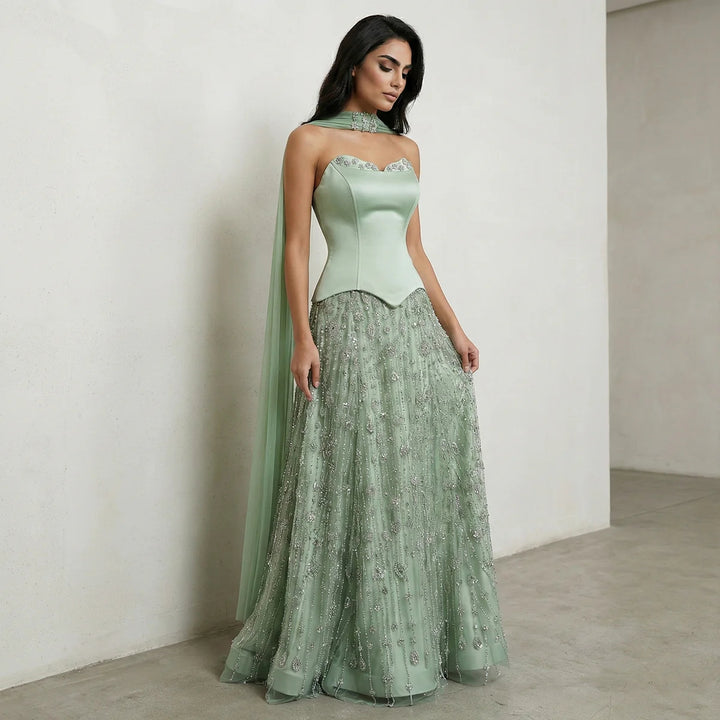 Luxury Sage Green Strapless Beaded Evening Gown with Scarf SS627