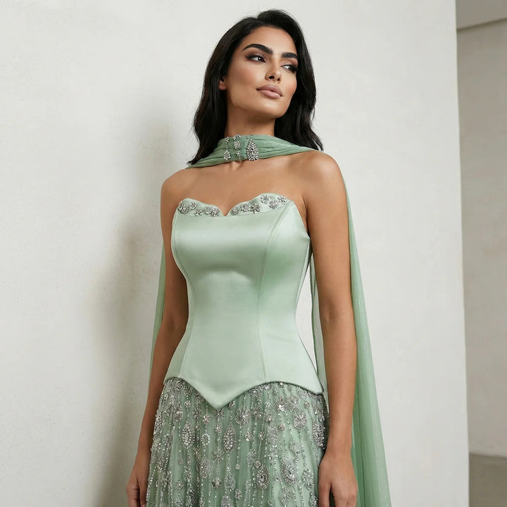 Luxury Sage Green Strapless Beaded Evening Gown with Scarf SS627