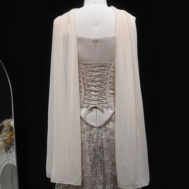 Luxury Sage Green Strapless Beaded Evening Gown with Scarf SS627