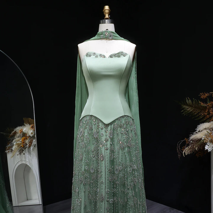 Luxury Sage Green Strapless Beaded Evening Gown with Scarf SS627