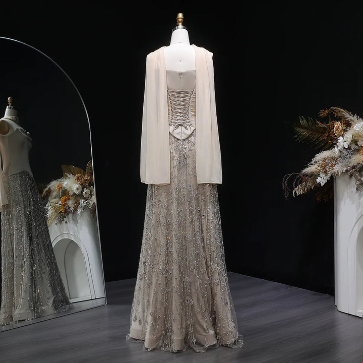 Luxury Sage Green Strapless Beaded Evening Gown with Scarf SS627