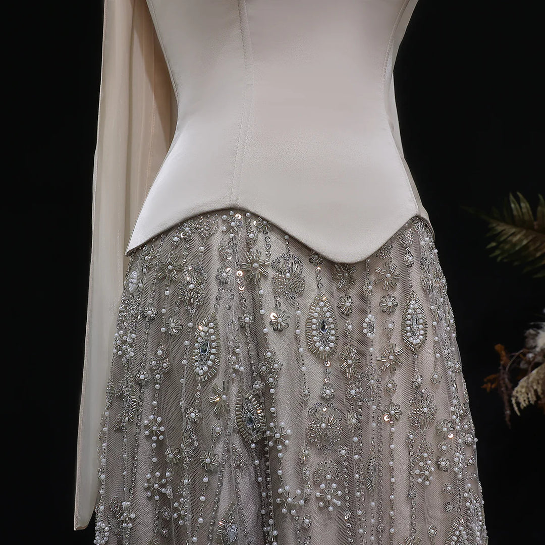 Luxury Sage Green Strapless Beaded Evening Gown with Scarf SS627