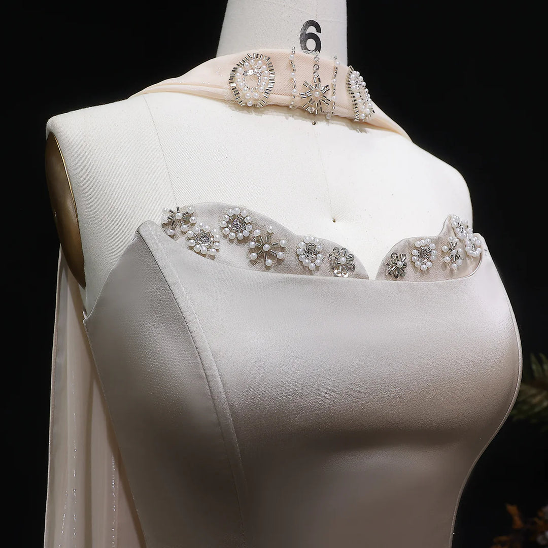 Luxury Sage Green Strapless Beaded Evening Gown with Scarf SS627