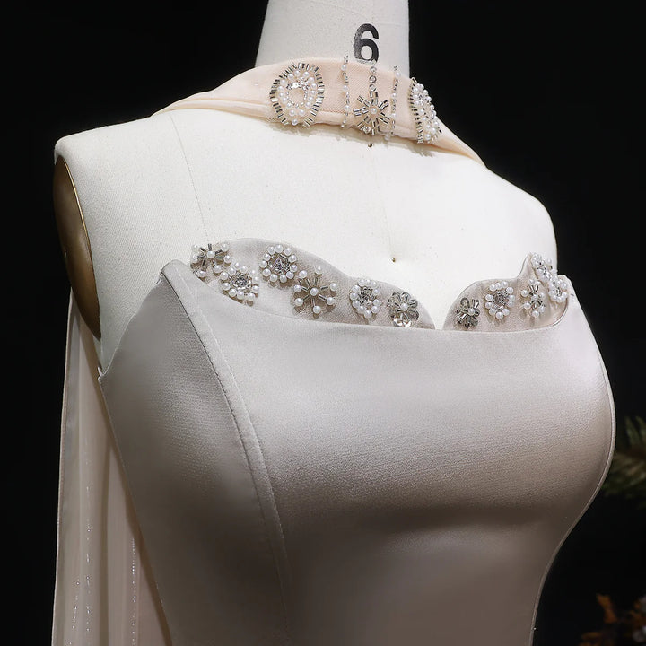 Luxury Sage Green Strapless Beaded Evening Gown with Scarf SS627