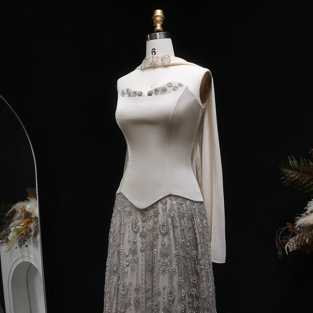 Luxury Sage Green Strapless Beaded Evening Gown with Scarf SS627