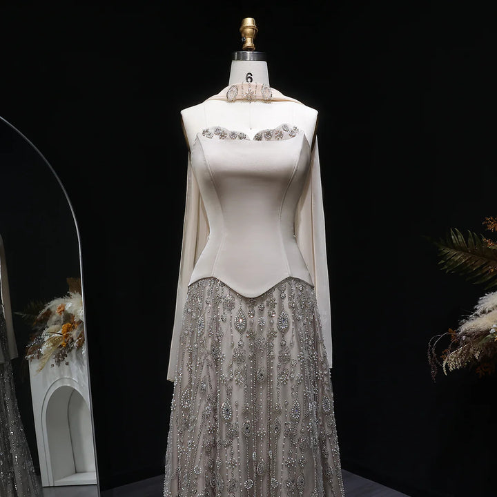 Luxury Sage Green Strapless Beaded Evening Gown with Scarf SS627