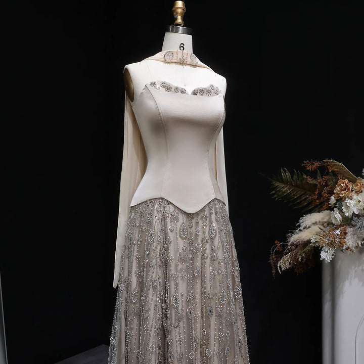 Luxury Sage Green Strapless Beaded Evening Gown with Scarf SS627