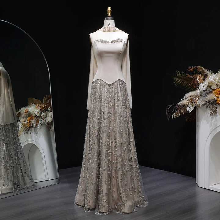 Luxury Sage Green Strapless Beaded Evening Gown with Scarf SS627