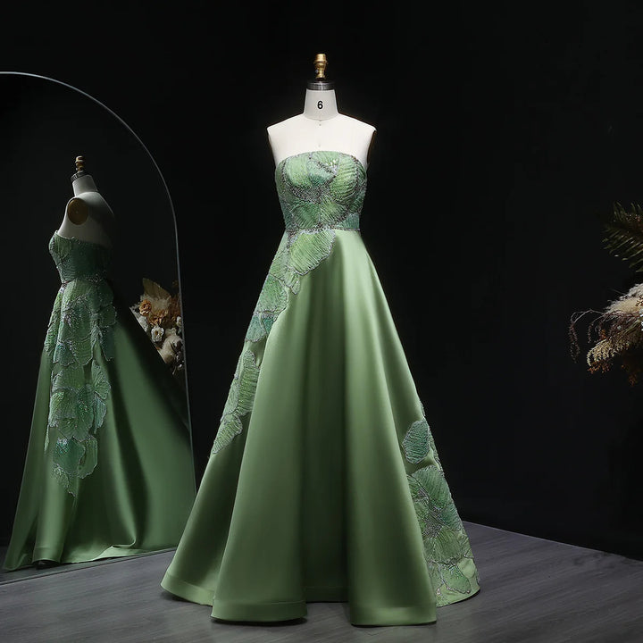 Luxury Green Strapless Embroidery Satin Evening Dress XD077