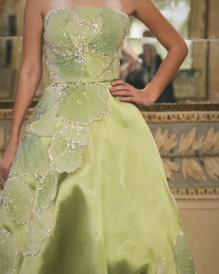 Luxury Green Strapless Embroidery Satin Evening Dress XD077