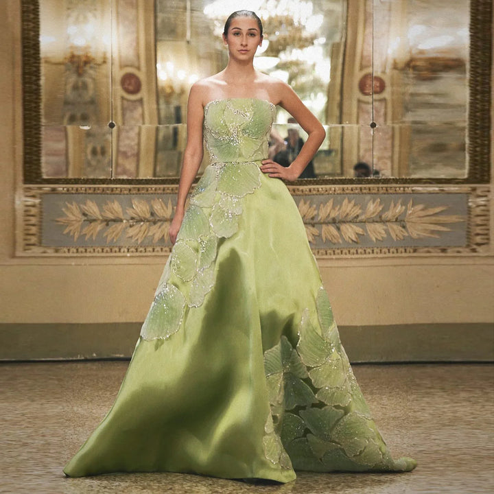 Luxury Green Strapless Embroidery Satin Evening Dress XD077