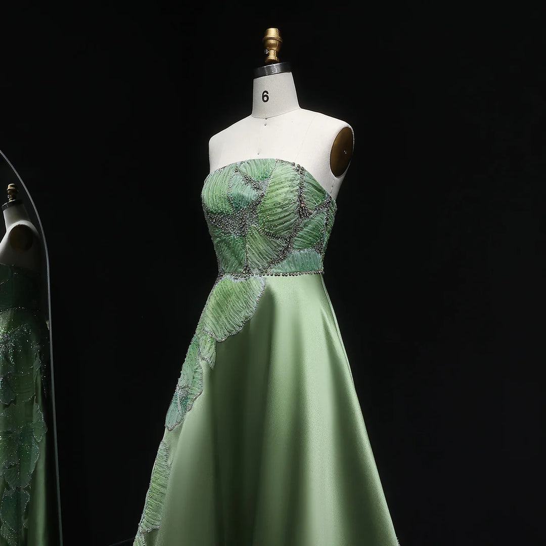 Luxury Green Strapless Embroidery Satin Evening Dress XD077