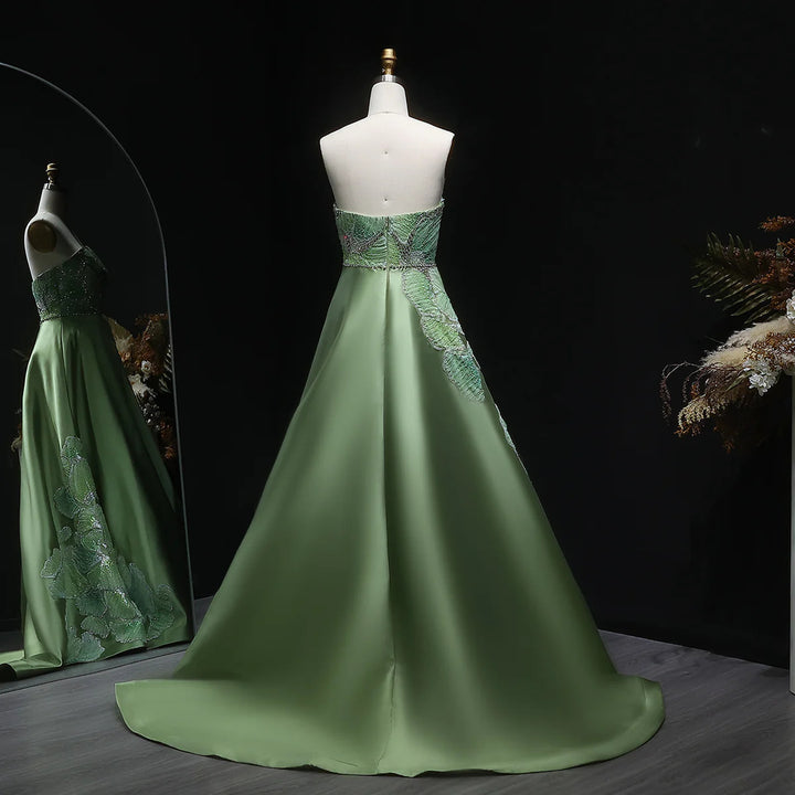 Luxury Green Strapless Embroidery Satin Evening Dress XD077